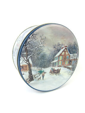 Vintage Currier & Ives Round Metal Tin American Homestead Winter Horse Sleigh